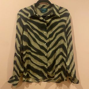 Lauren Ralph Lauren Vintage Tiger Strip Button Up Blouse 100% Silk